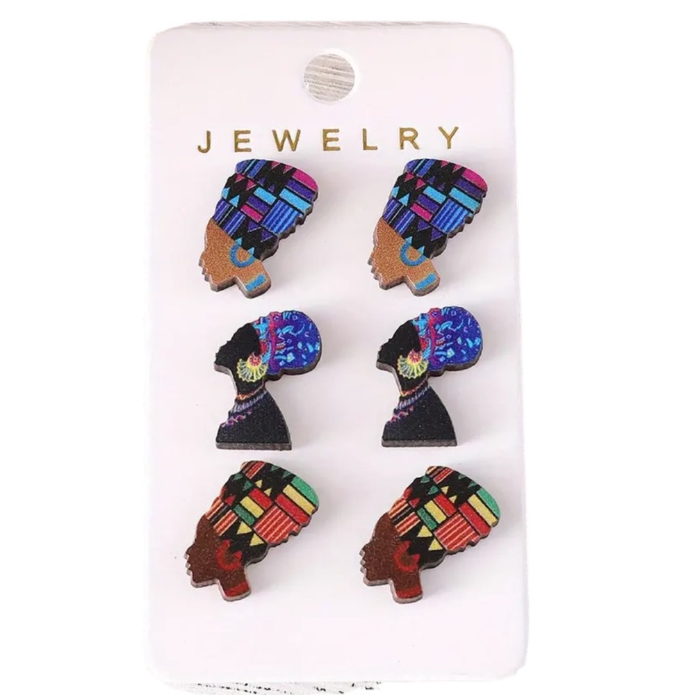 3 Pair Wooden African Lady Pierced Stud Earrings Set